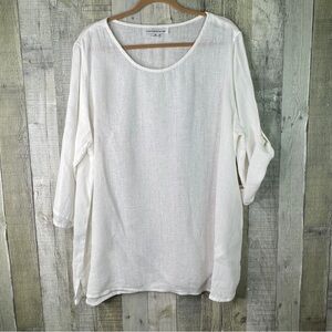 Caroline Rose Linen 1X White Crewneck 3/4 Tabbed Sleeves Tunic Shirt Oversized